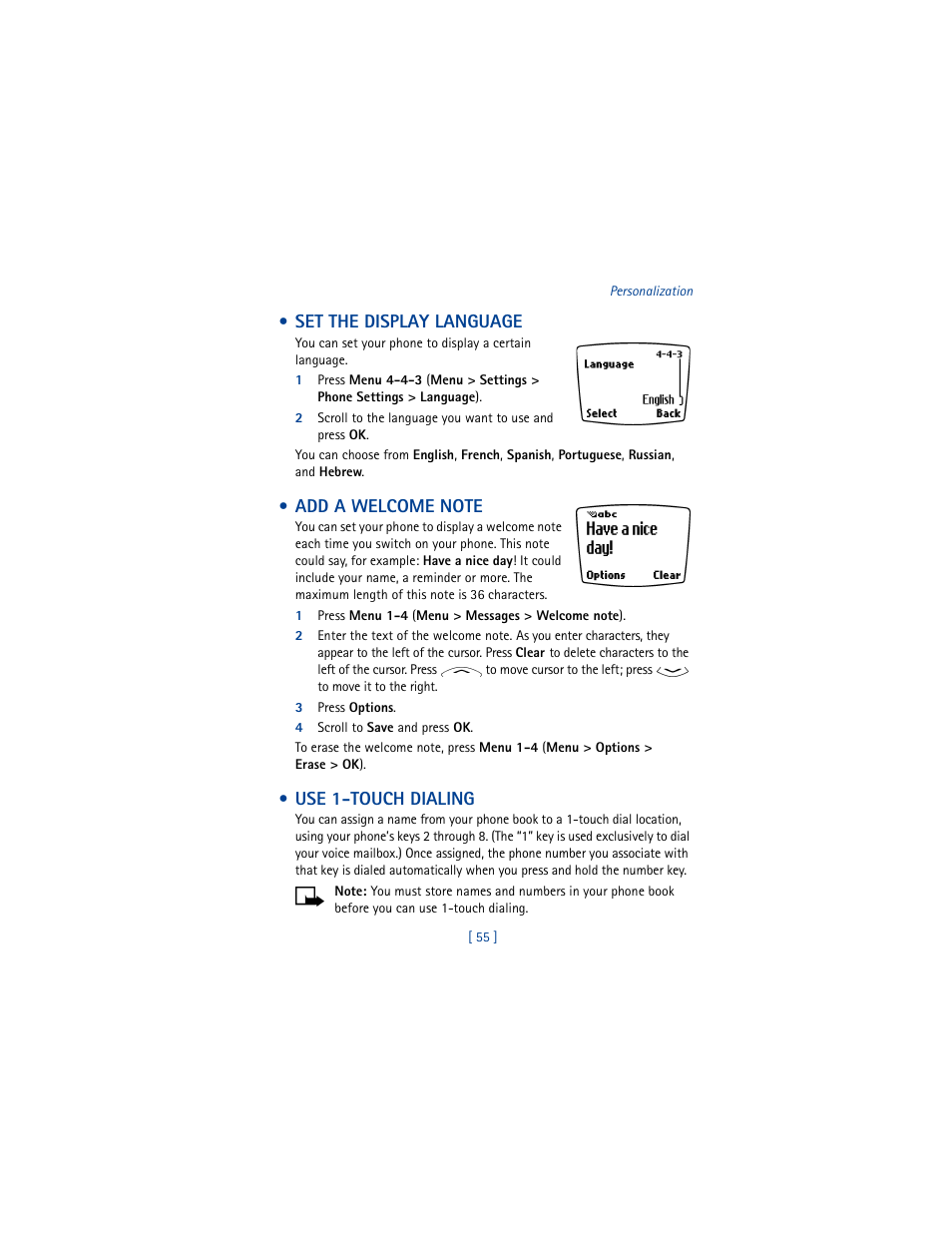 Set the display language, Add a welcome note, Use 1touch dialing | Use 1-touch dialing | Nokia 8265i User Manual | Page 62 / 145