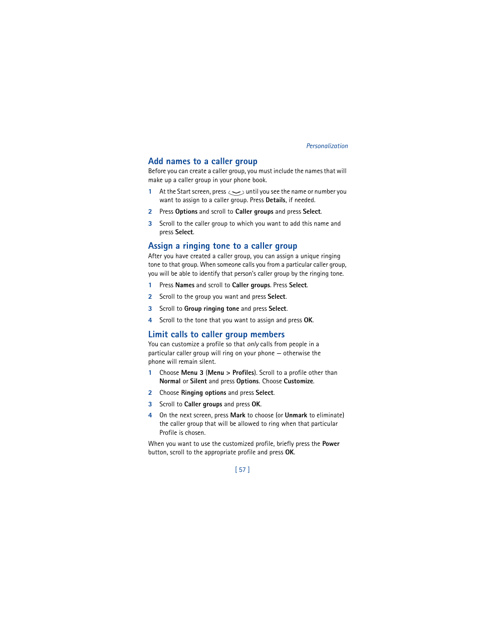 Add names to a caller group, Assign a ringing tone to a caller group, Limit calls to caller group members | Nokia 8265i User Manual | Page 64 / 145