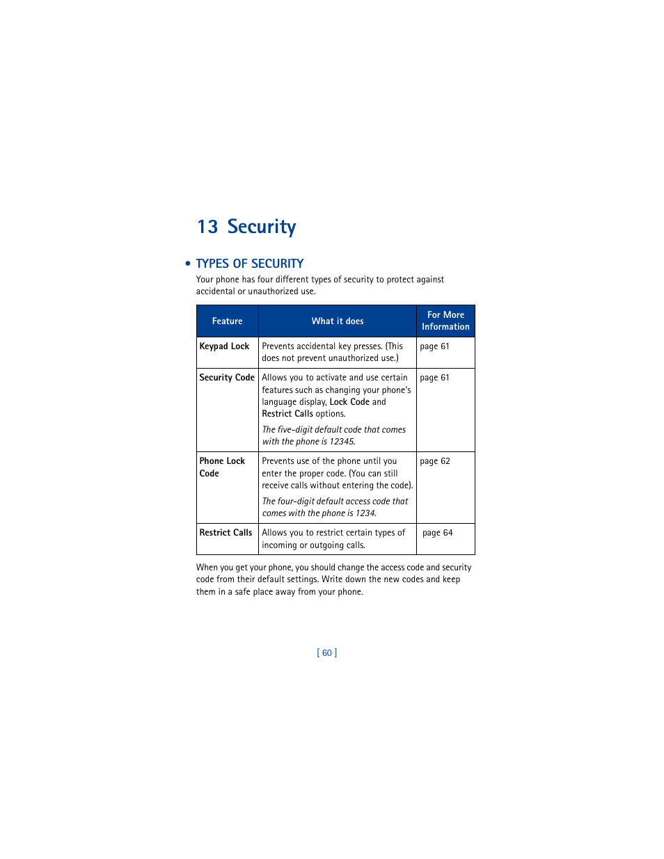 13 security, Types of security | Nokia 8265i User Manual | Page 67 / 145