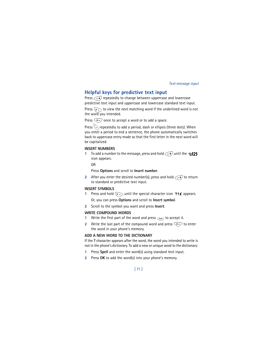 Helpful keys for predictive text input | Nokia 8265i User Manual | Page 78 / 145