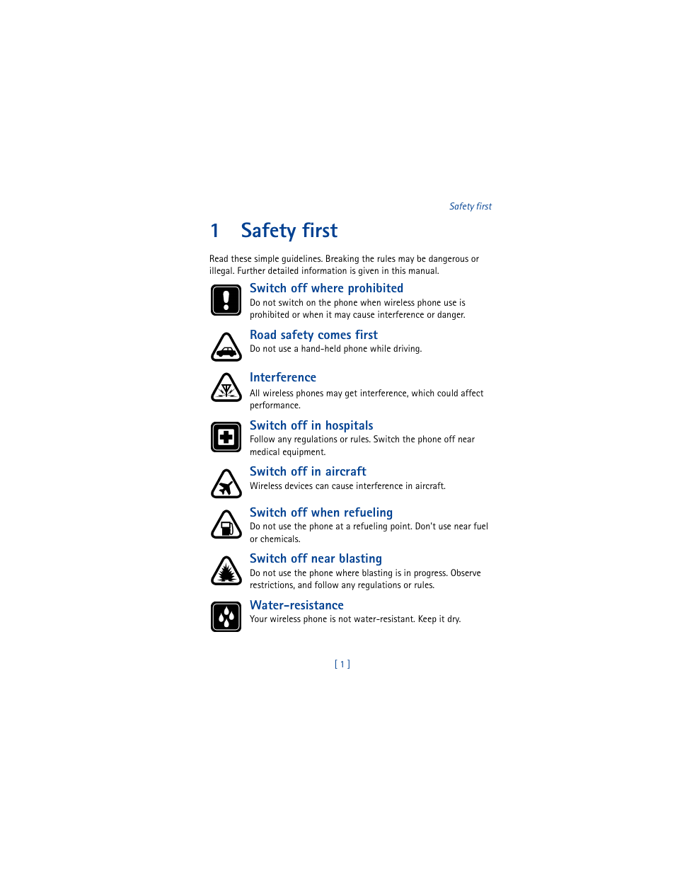 1 safety first, 1safety first | Nokia 8265i User Manual | Page 8 / 145