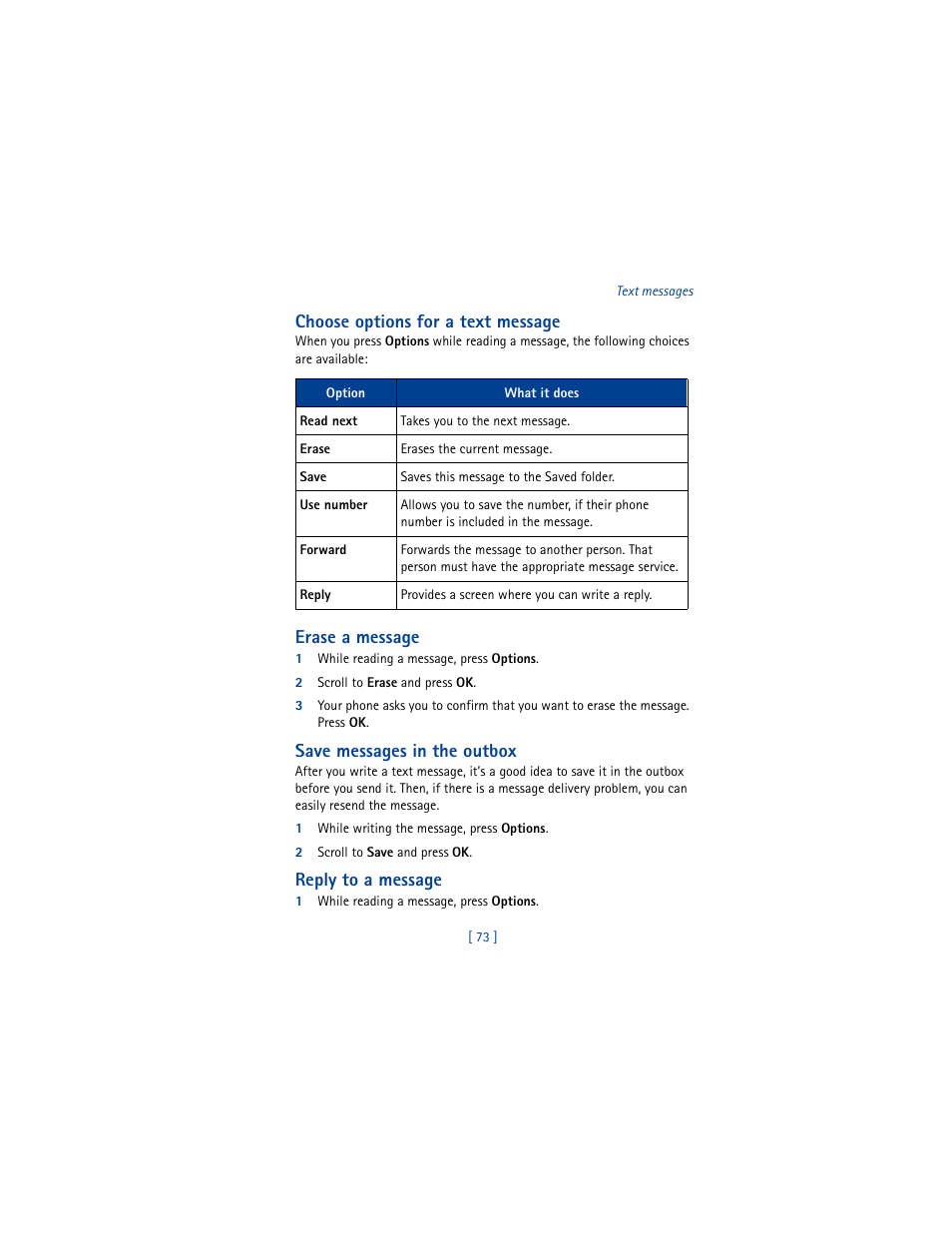 Choose options for a text message, Erase a message, Save messages in the outbox | Reply to a message | Nokia 8265i User Manual | Page 80 / 145