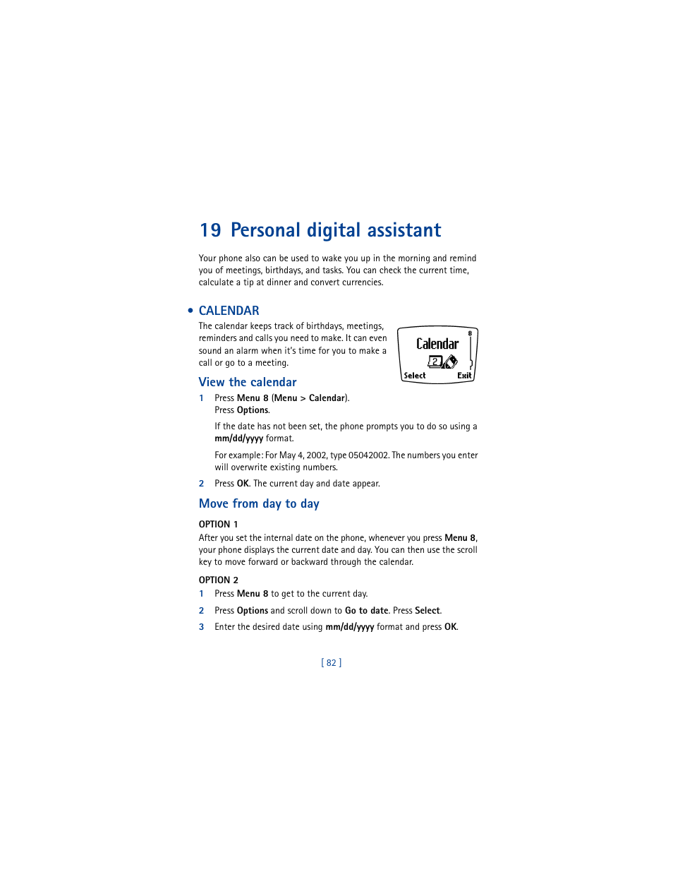 19 personal digital assistant, Calendar | Nokia 8265i User Manual | Page 89 / 145