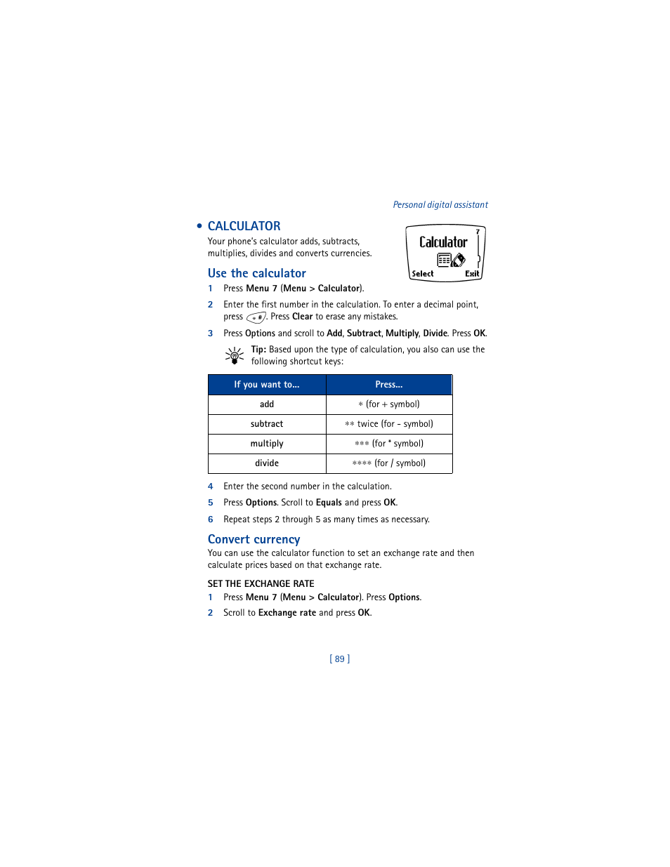 Calculator, Use the calculator, Convert currency | Nokia 8265i User Manual | Page 96 / 145