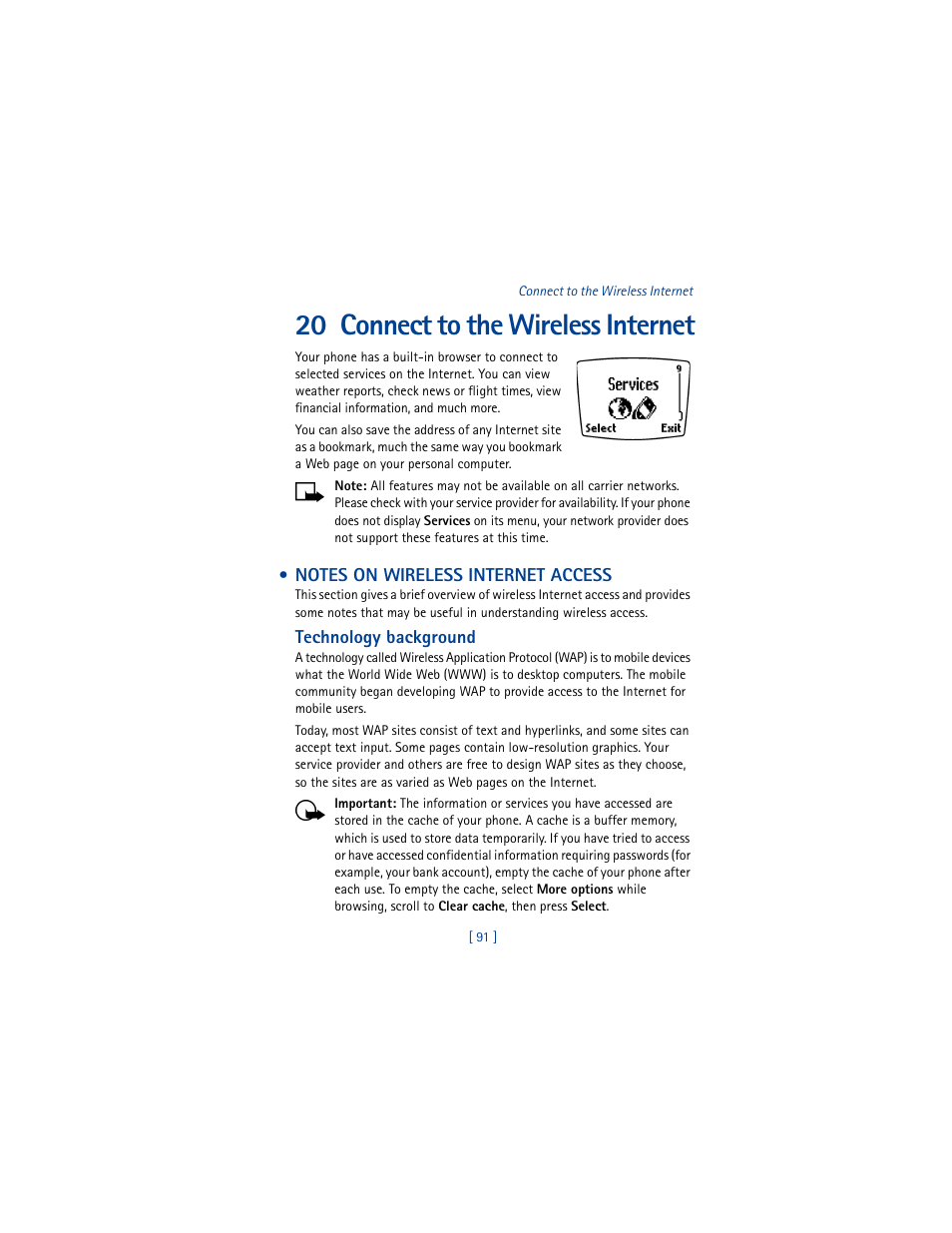 20 connect to the wireless internet, Notes on wireless internet access | Nokia 8265i User Manual | Page 98 / 145