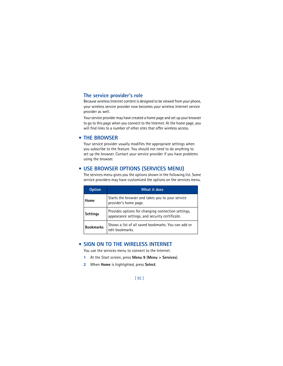 The browser, Use browser options (services menu), Sign on to the wireless internet | Nokia 8265i User Manual | Page 99 / 145
