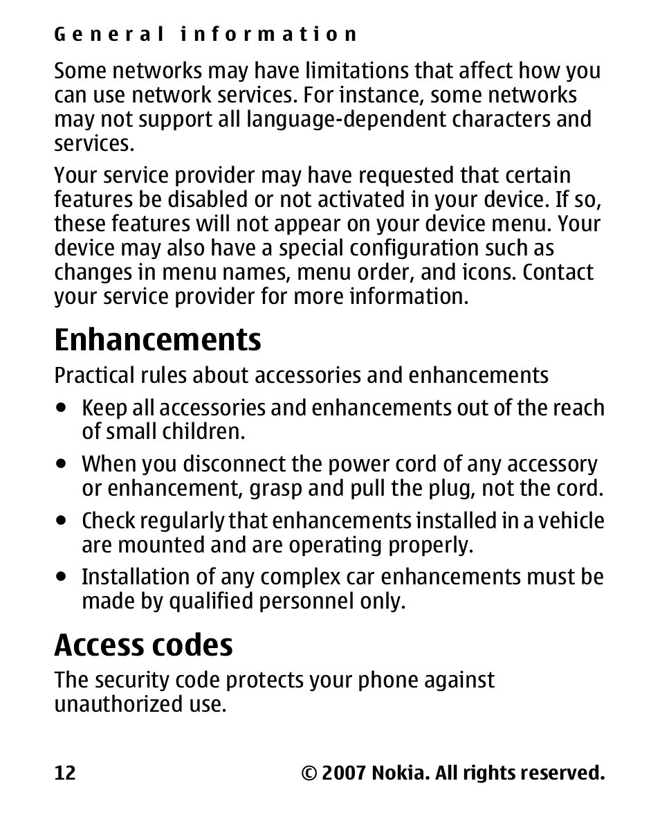 Enhancements, Access codes | Nokia 2600 Classic User Manual | Page 12 / 65