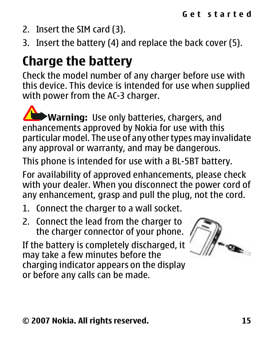 Charge the battery | Nokia 2600 Classic User Manual | Page 15 / 65