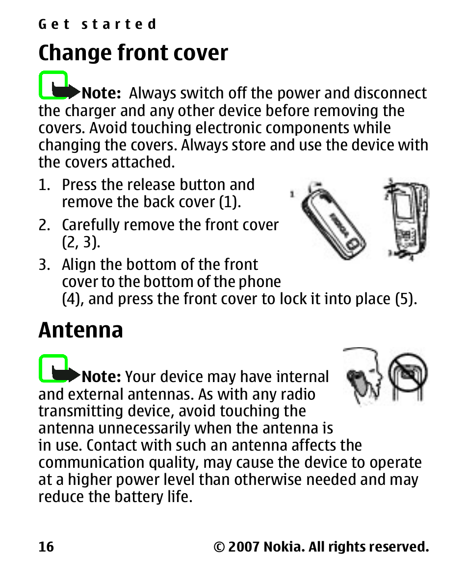 Change front cover, Antenna | Nokia 2600 Classic User Manual | Page 16 / 65