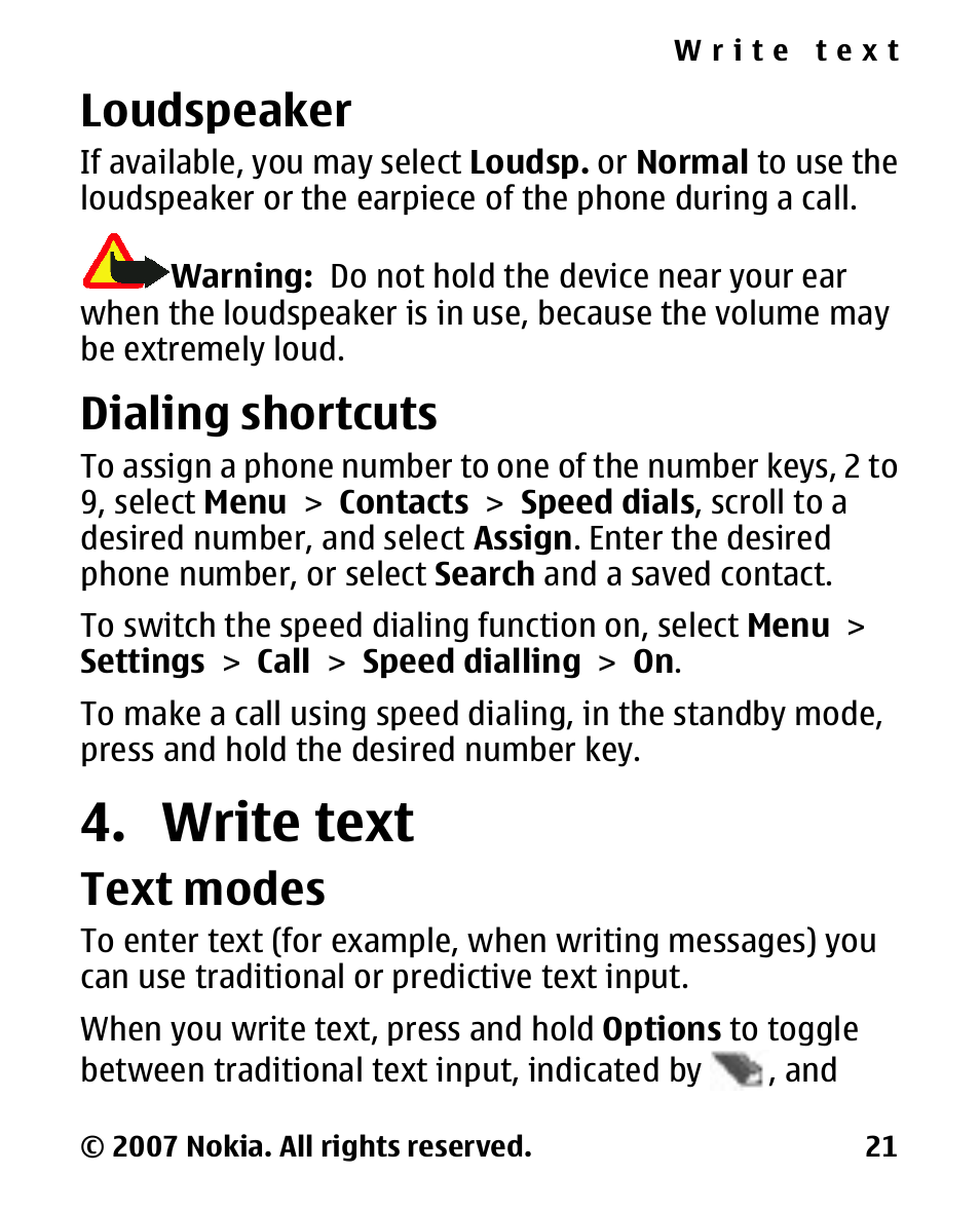 Loudspeaker, Dialing shortcuts, Write text | Text modes | Nokia 2600 Classic User Manual | Page 21 / 65