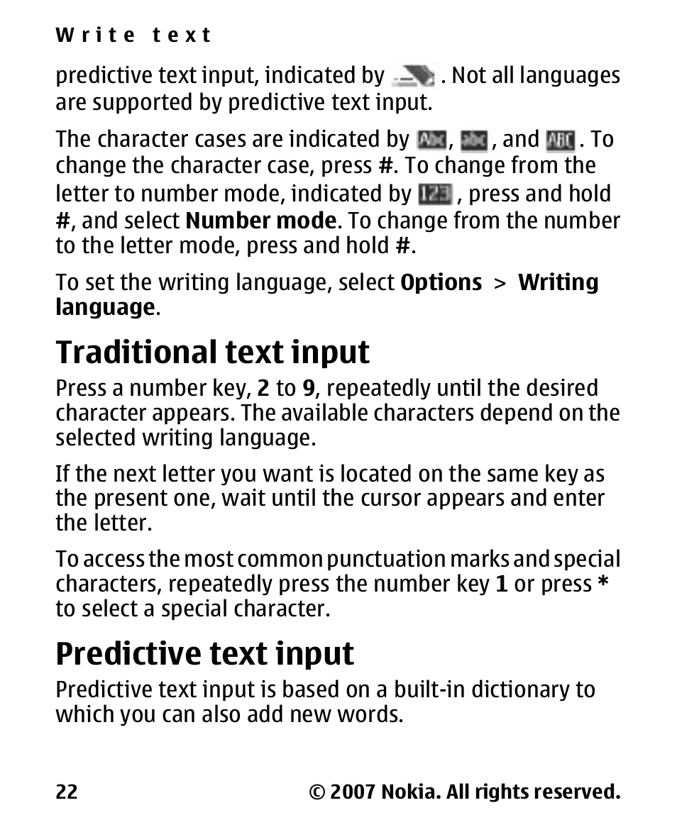 Traditional text input, Predictive text input, Traditional text | Input, Predictive text | Nokia 2600 Classic User Manual | Page 22 / 65