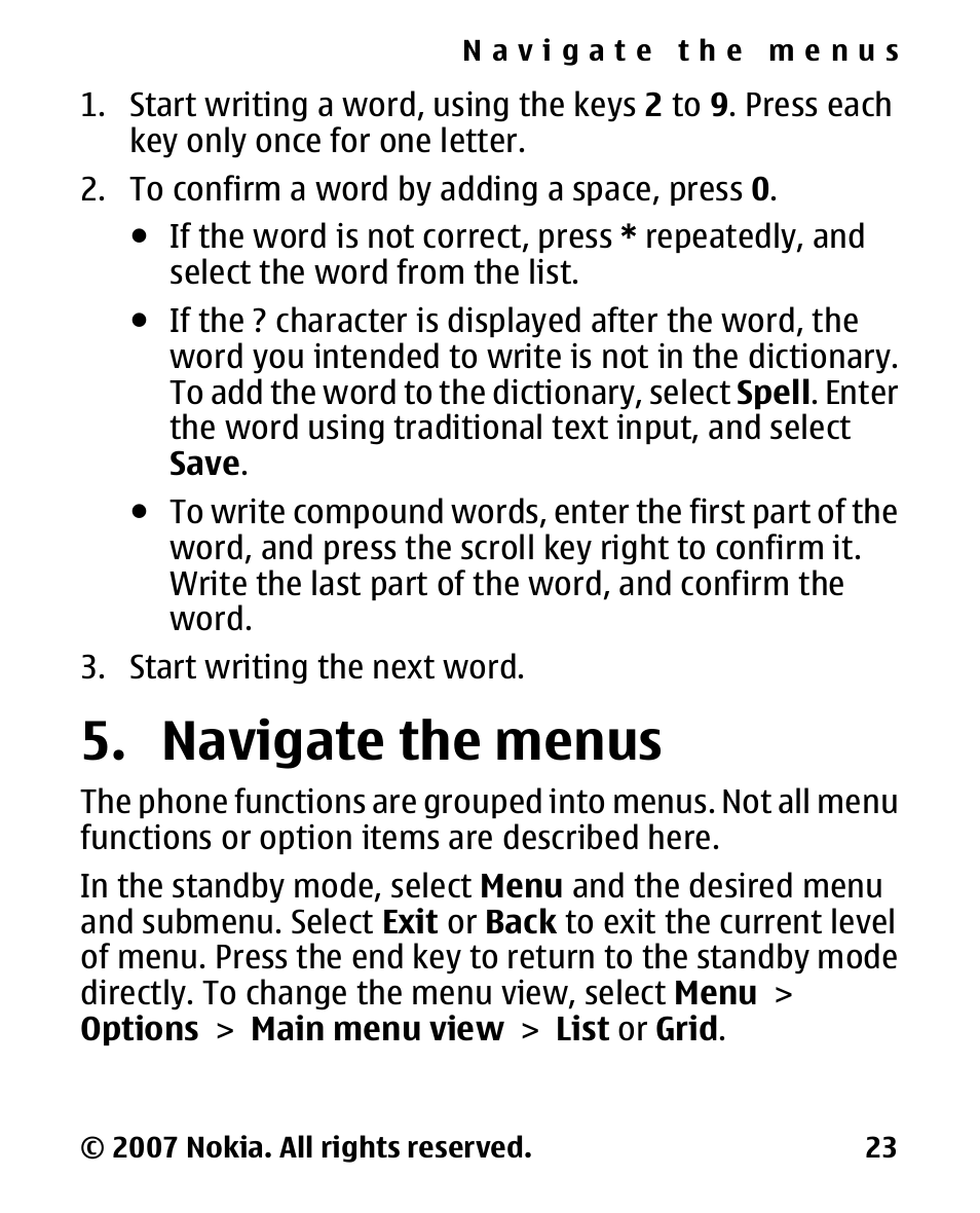 Navigate the menus, Navigate the, Menus | Nokia 2600 Classic User Manual | Page 23 / 65