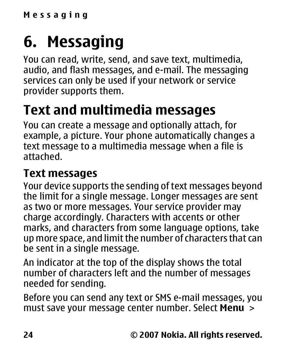 Messaging, Text and multimedia messages, Text messages | Text and multimedia, Messages | Nokia 2600 Classic User Manual | Page 24 / 65