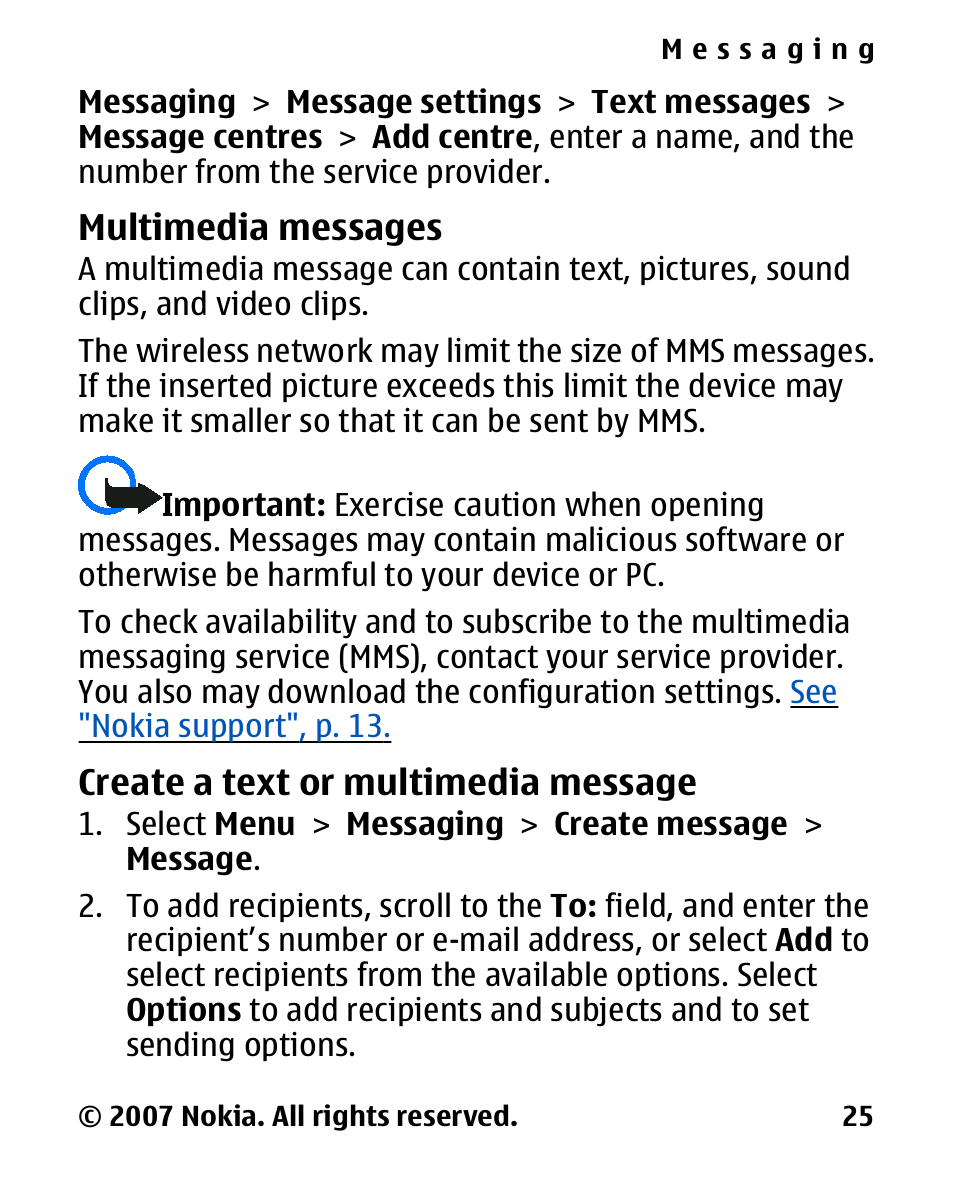 Multimedia messages, Create a text or multimedia message, Multimedia | Messages, Create a text or, Message | Nokia 2600 Classic User Manual | Page 25 / 65