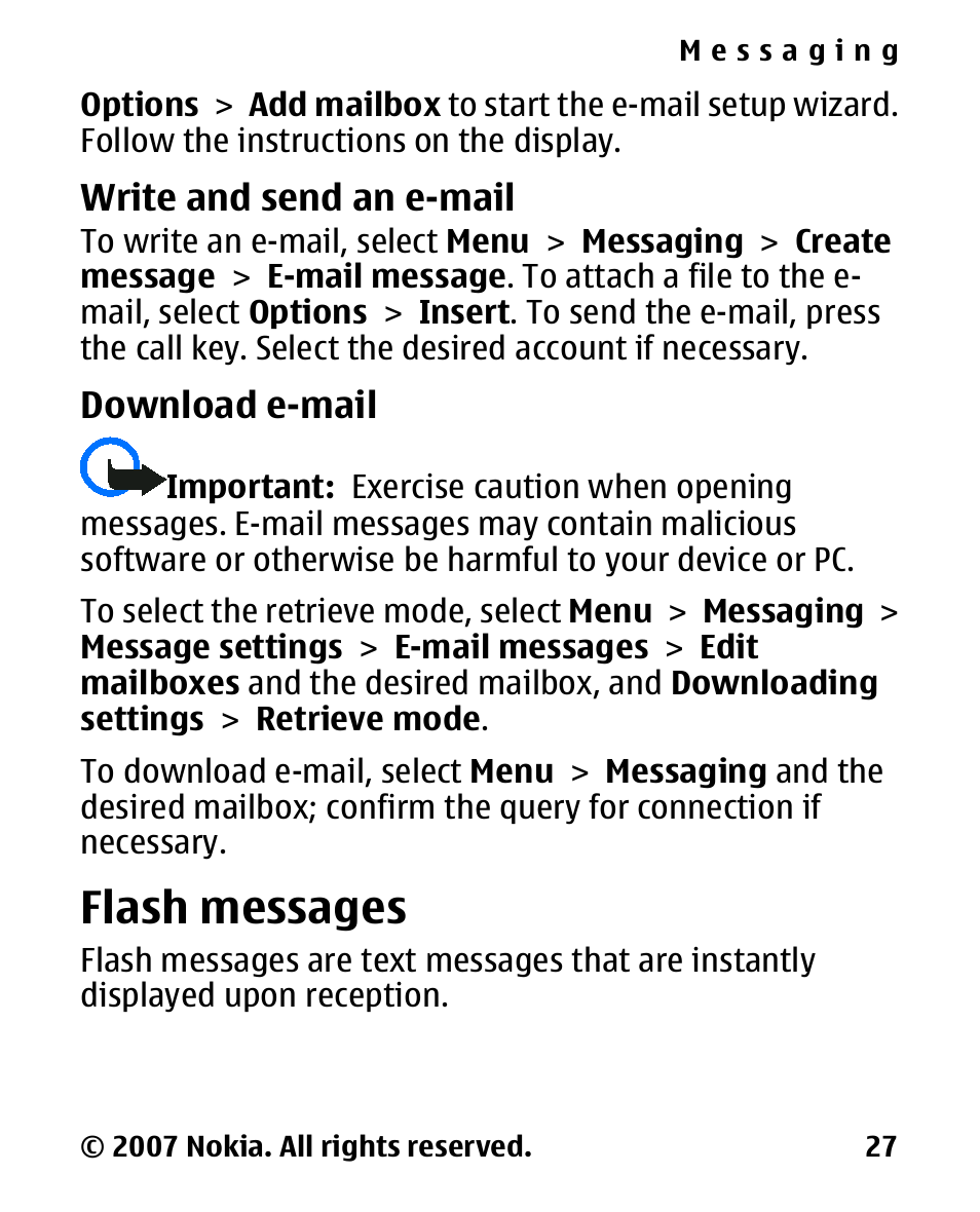 Write and send an e-mail, Download e-mail, Flash messages | Write and send an e, Mail | Nokia 2600 Classic User Manual | Page 27 / 65