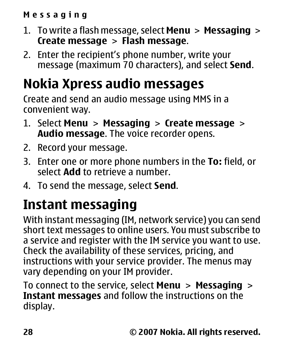 Nokia xpress audio messages, Instant messaging, Nokia xpress audio | Messages | Nokia 2600 Classic User Manual | Page 28 / 65