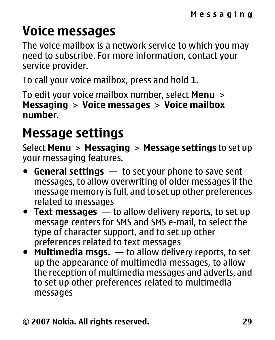Voice messages, Message settings | Nokia 2600 Classic User Manual | Page 29 / 65
