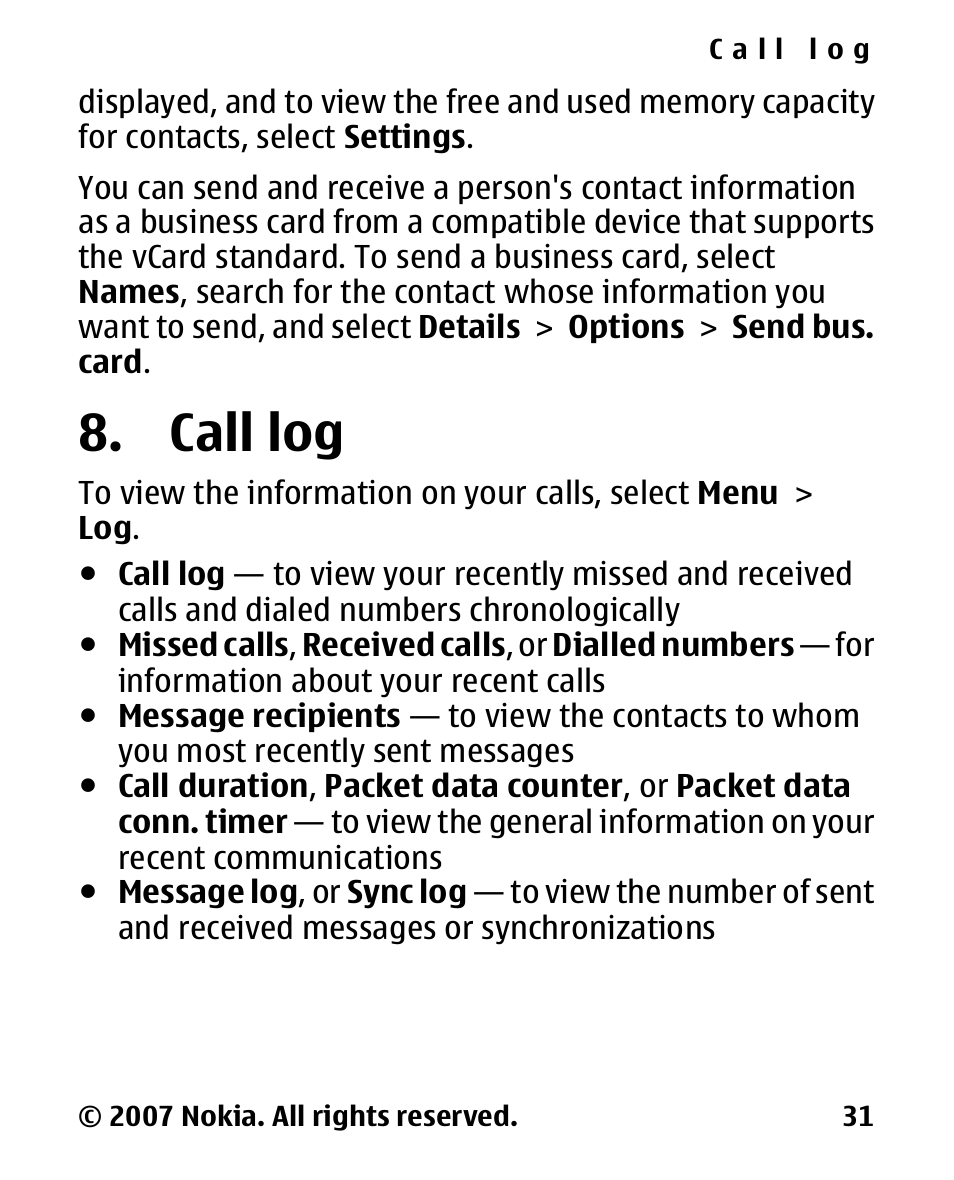 Call log | Nokia 2600 Classic User Manual | Page 31 / 65