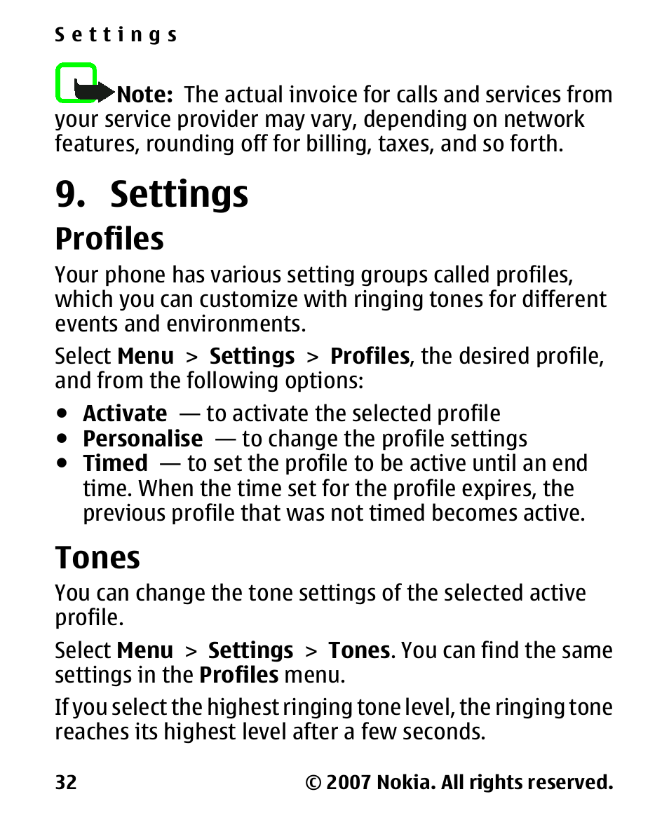 Settings, Profiles, Tones | Nokia 2600 Classic User Manual | Page 32 / 65