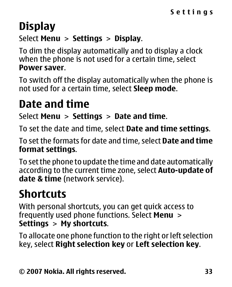Display, Date and time, Shortcuts | Nokia 2600 Classic User Manual | Page 33 / 65