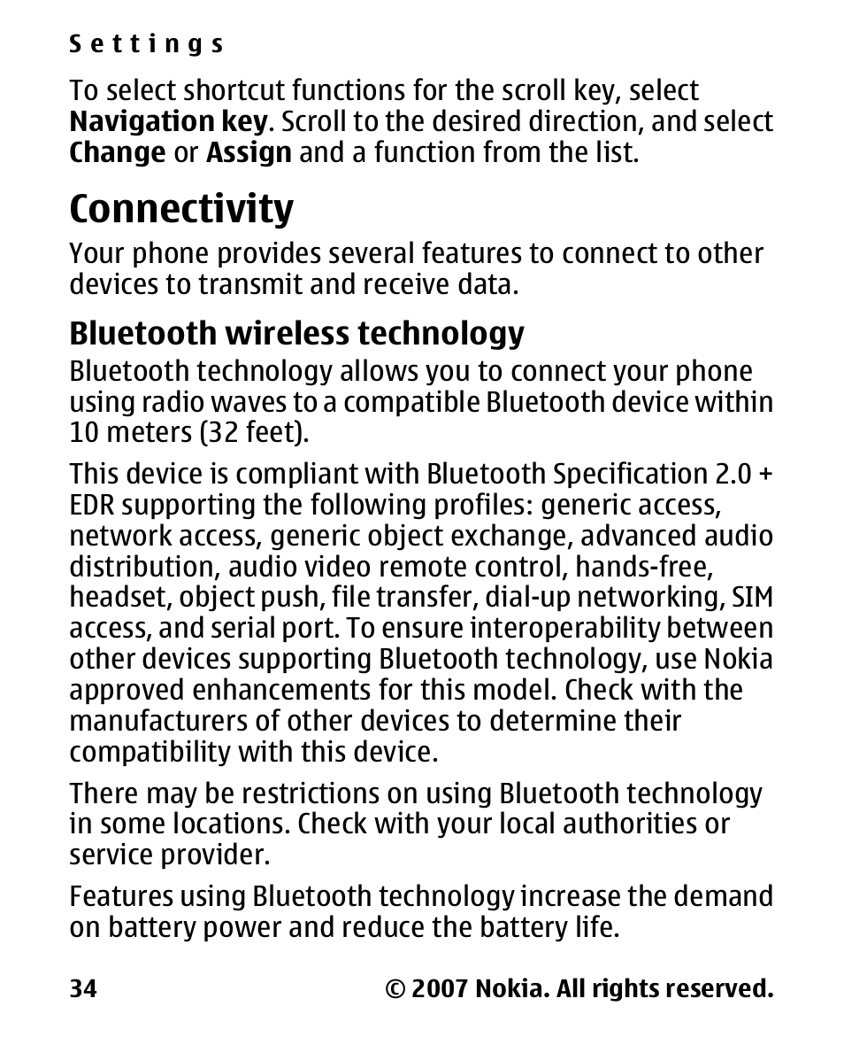 Connectivity, Bluetooth wireless technology, Bluetooth wireless | Technology | Nokia 2600 Classic User Manual | Page 34 / 65