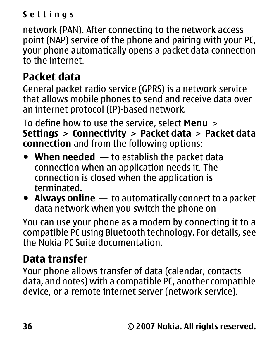 Packet data, Data transfer | Nokia 2600 Classic User Manual | Page 36 / 65