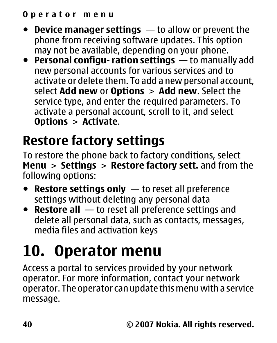 Restore factory settings, Operator menu, Restore factory | Settings, Operator, Menu | Nokia 2600 Classic User Manual | Page 40 / 65