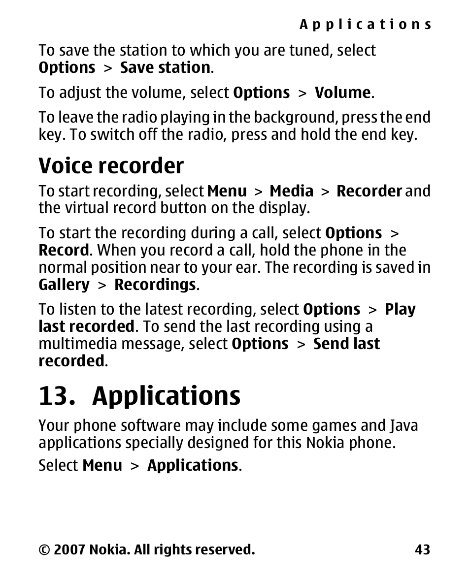 Voice recorder, Applications | Nokia 2600 Classic User Manual | Page 43 / 65