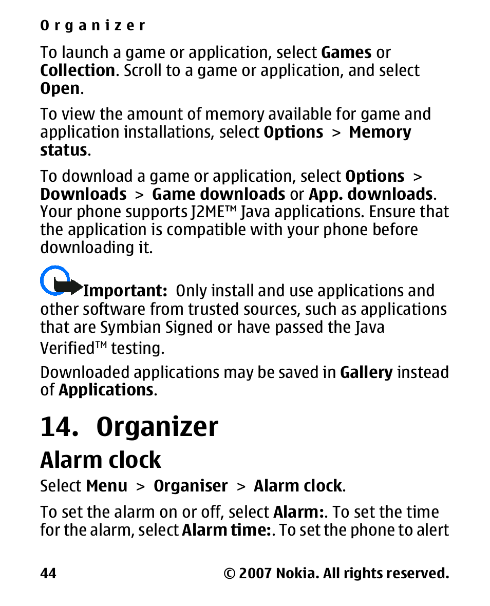 Organizer, Alarm clock | Nokia 2600 Classic User Manual | Page 44 / 65