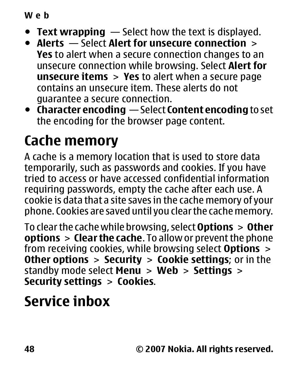 Cache memory, Service inbox | Nokia 2600 Classic User Manual | Page 48 / 65