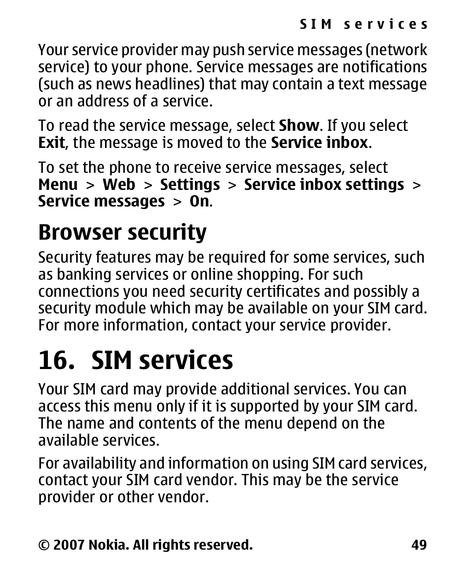Browser security, Sim services, Services | Nokia 2600 Classic User Manual | Page 49 / 65