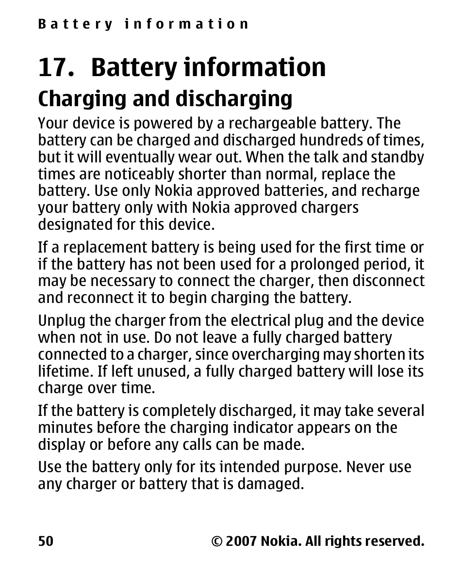 Battery information, Charging and discharging, Battery | Information, Charging and, Discharging | Nokia 2600 Classic User Manual | Page 50 / 65