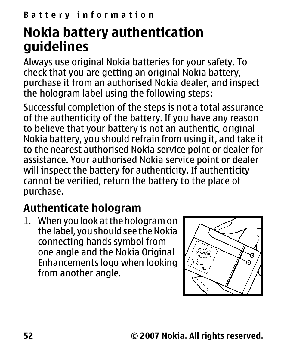 Nokia battery authentication guidelines, Authenticate hologram, Nokia battery | Authentication, Guidelines, Authenticate, Hologram | Nokia 2600 Classic User Manual | Page 52 / 65