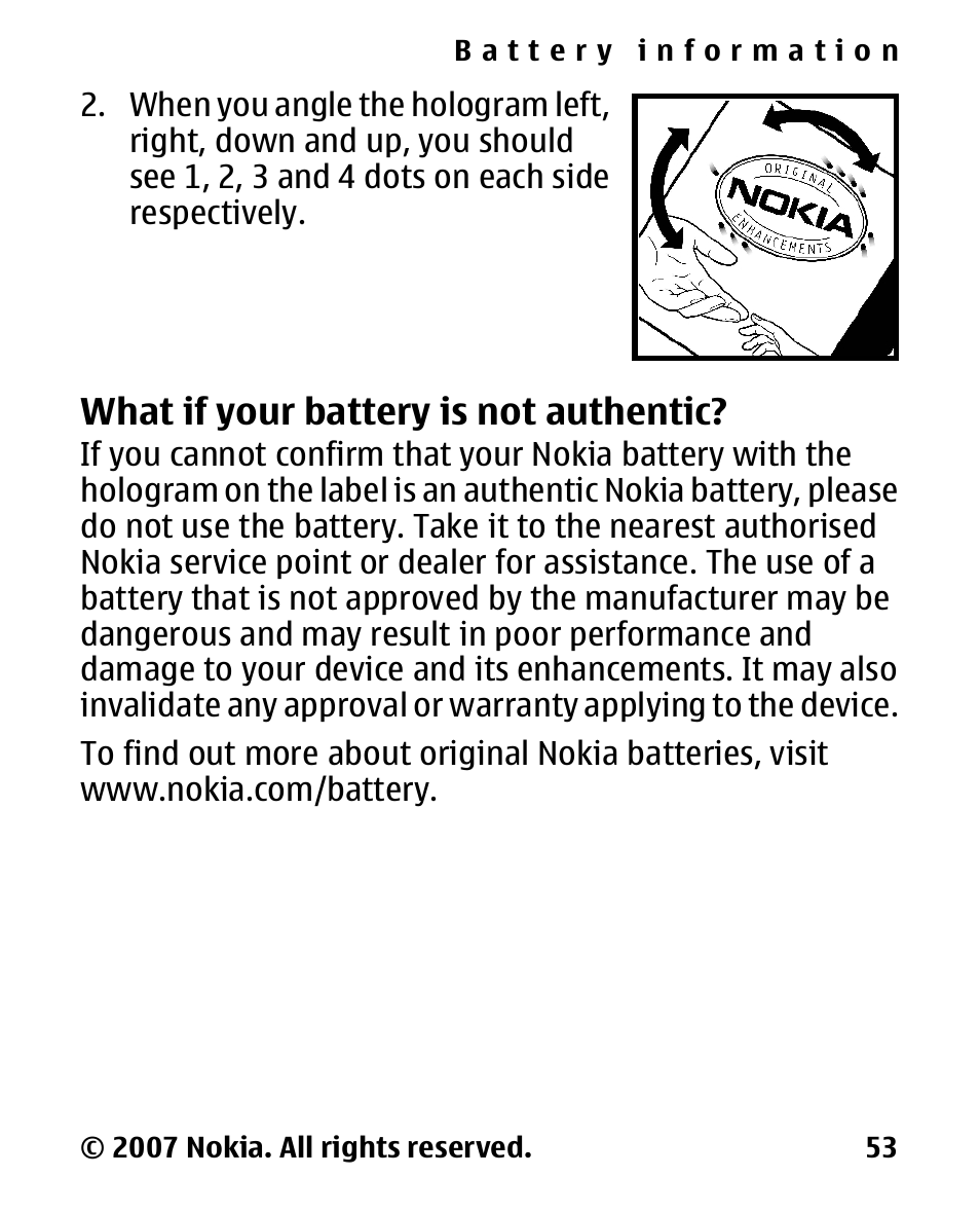 What if your battery is not authentic, What if your battery is, Not authentic | Nokia 2600 Classic User Manual | Page 53 / 65