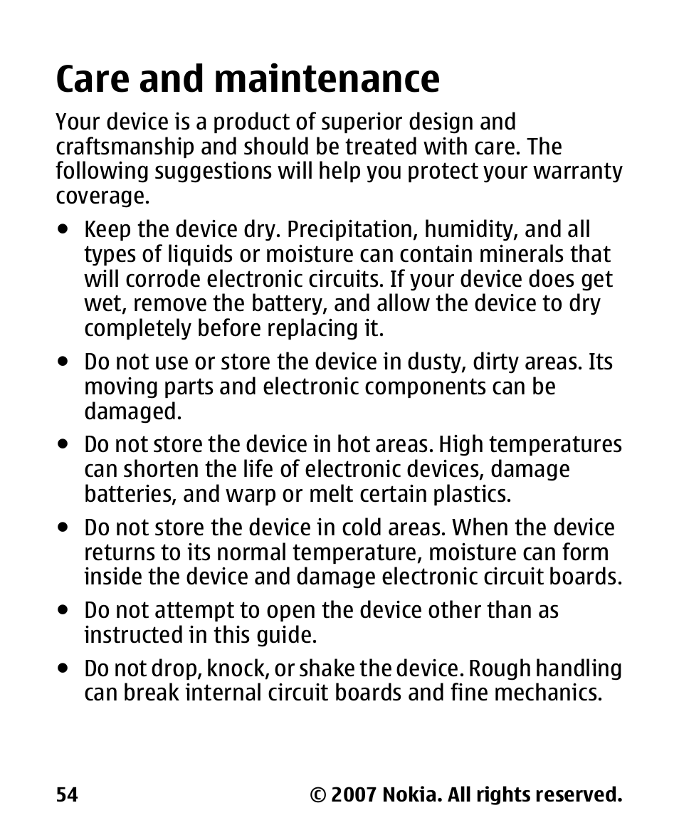 Care and maintenance, Care and, Maintenance | Nokia 2600 Classic User Manual | Page 54 / 65