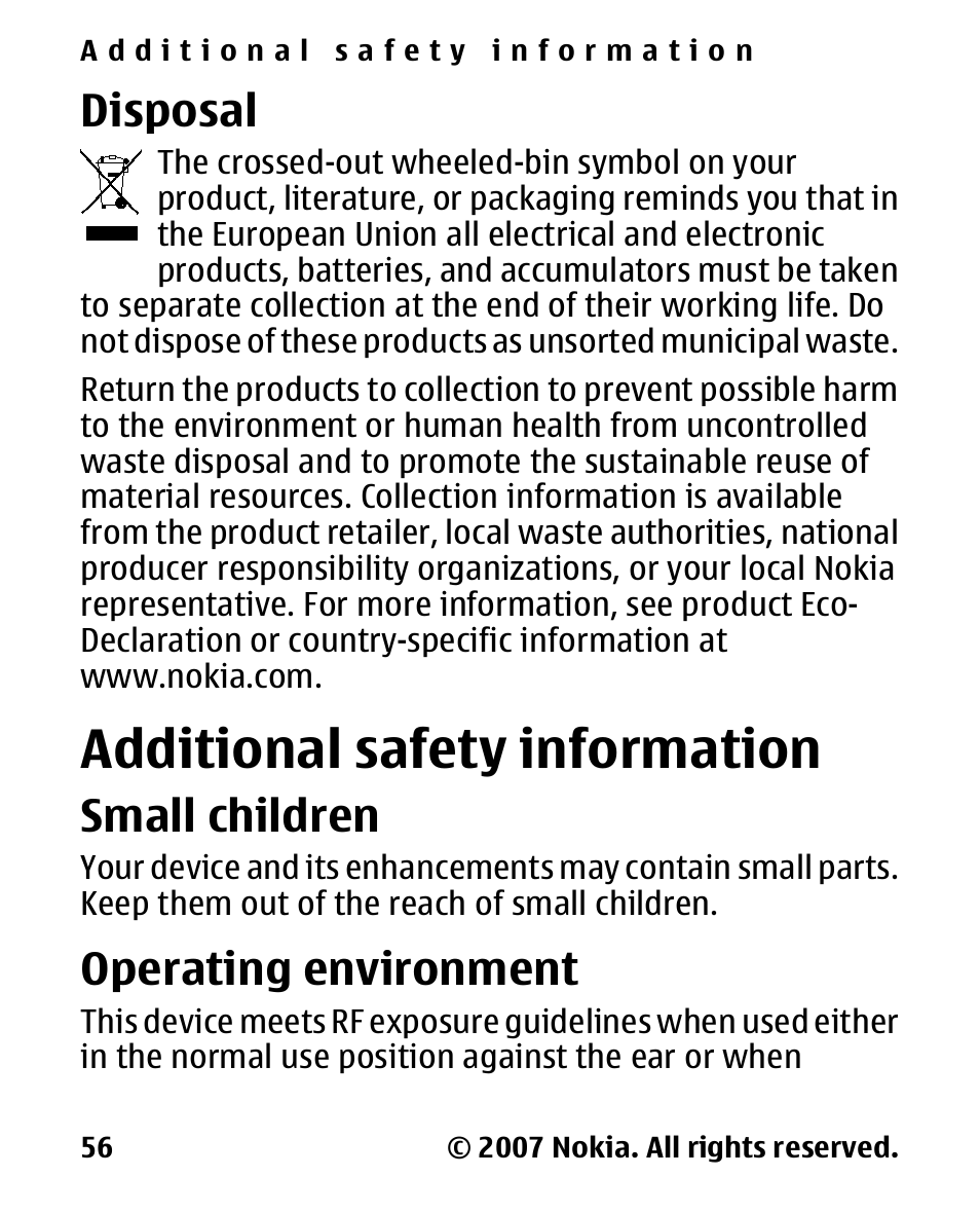 Disposal, Additional safety information, Small children | Operating environment, Additional safety, Information, Operating, Environment | Nokia 2600 Classic User Manual | Page 56 / 65
