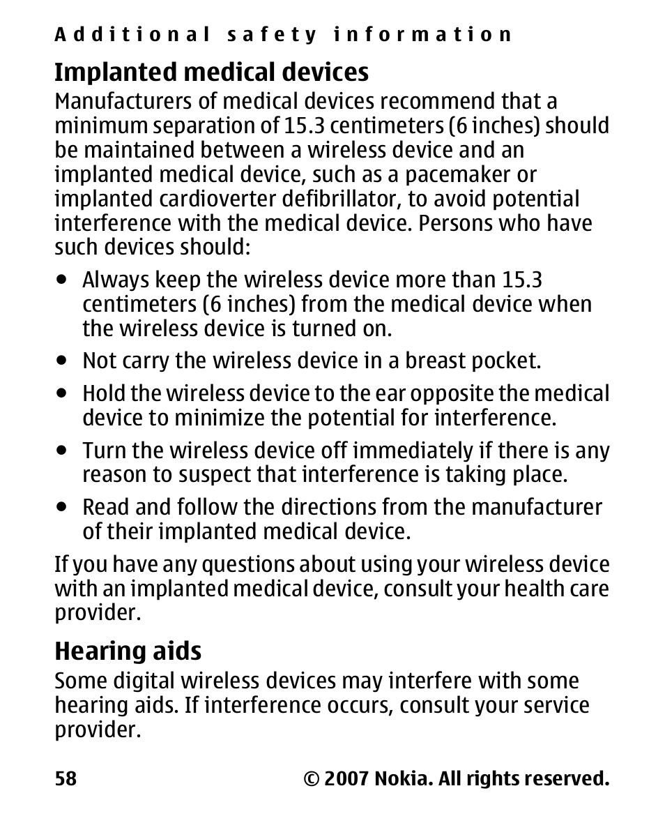 Implanted medical devices, Hearing aids, Implanted medical | Devices | Nokia 2600 Classic User Manual | Page 58 / 65