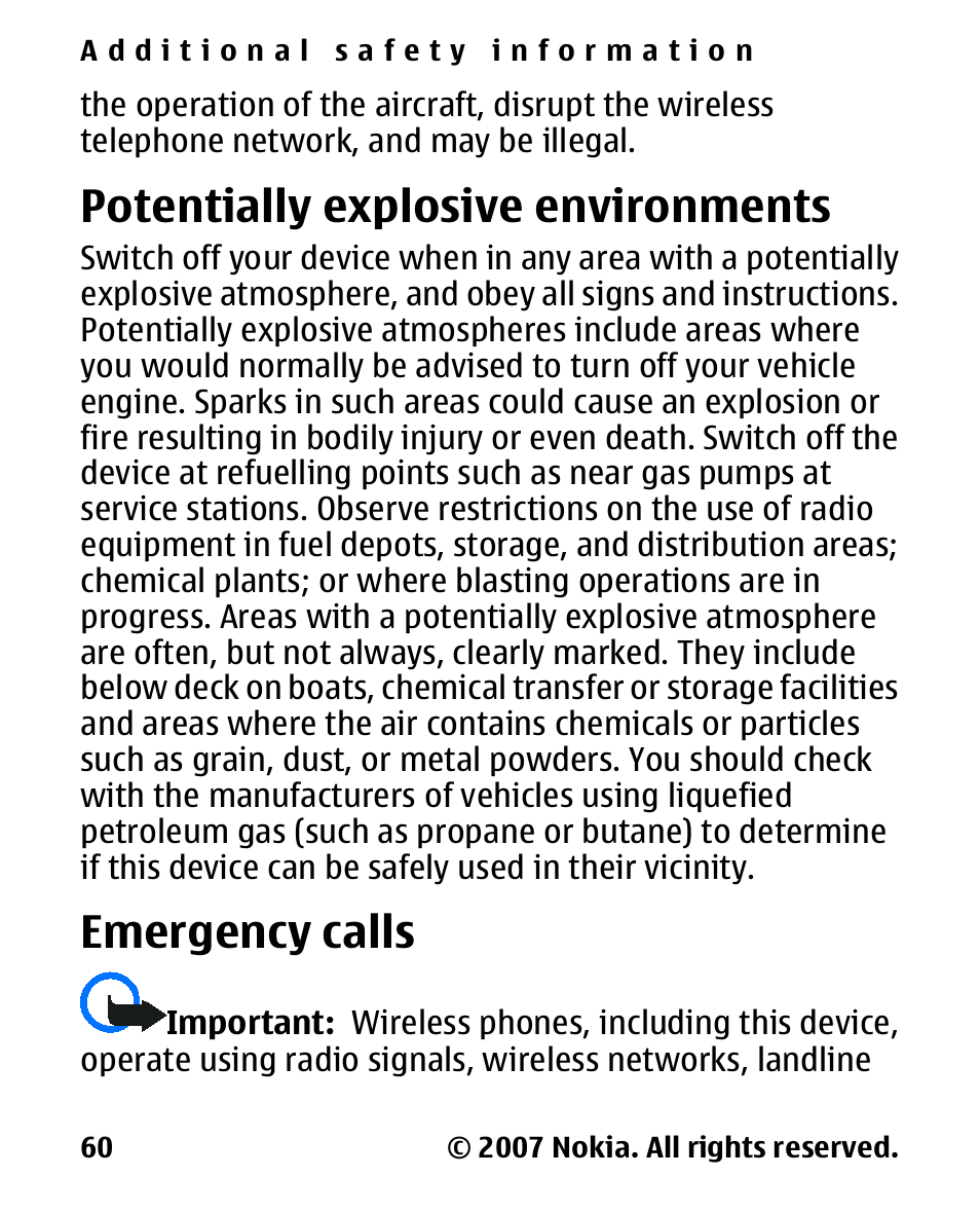 Potentially explosive environments, Emergency calls, Potentially explosive | Environments | Nokia 2600 Classic User Manual | Page 60 / 65