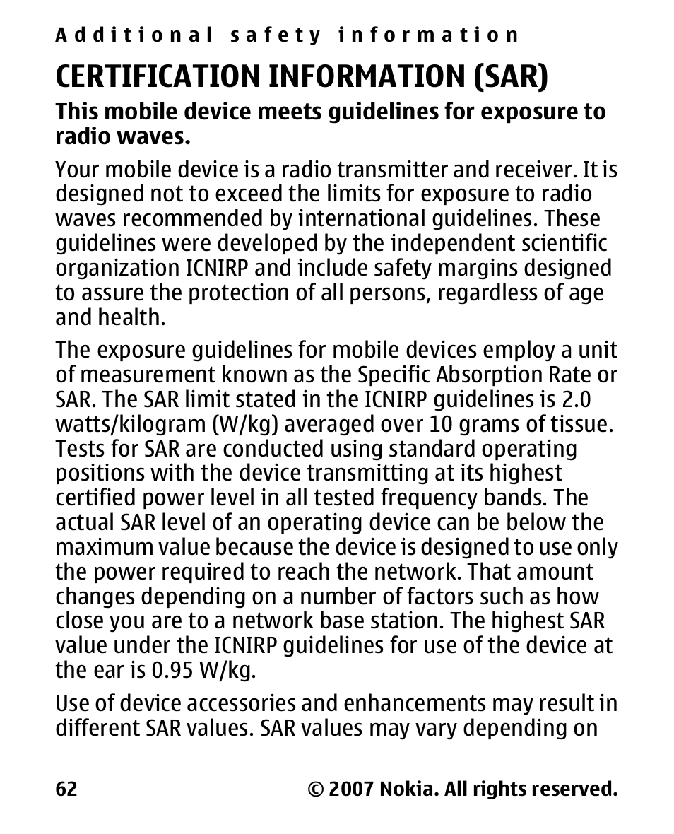Certification information (sar), Certification, Information | Sar) | Nokia 2600 Classic User Manual | Page 62 / 65