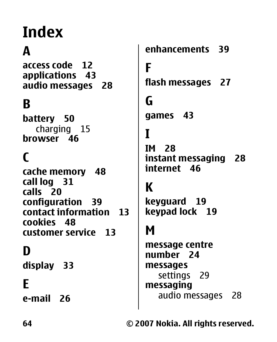 Index | Nokia 2600 Classic User Manual | Page 64 / 65