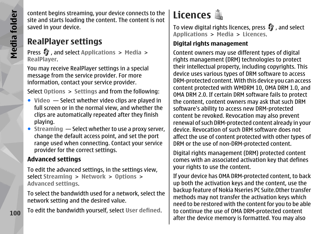 Realplayer settings, Licences, See "licences", p. 100 | Media fol der | Nokia N96 User Manual | Page 100 / 396