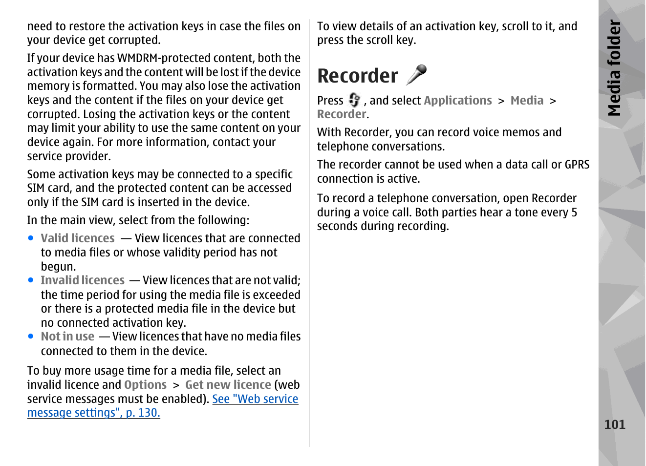 Recorder, Media fol der | Nokia N96 User Manual | Page 101 / 396