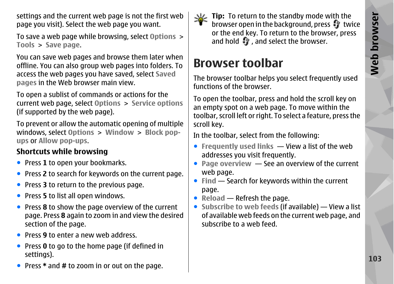 Browser toolbar, Web browser | Nokia N96 User Manual | Page 103 / 396