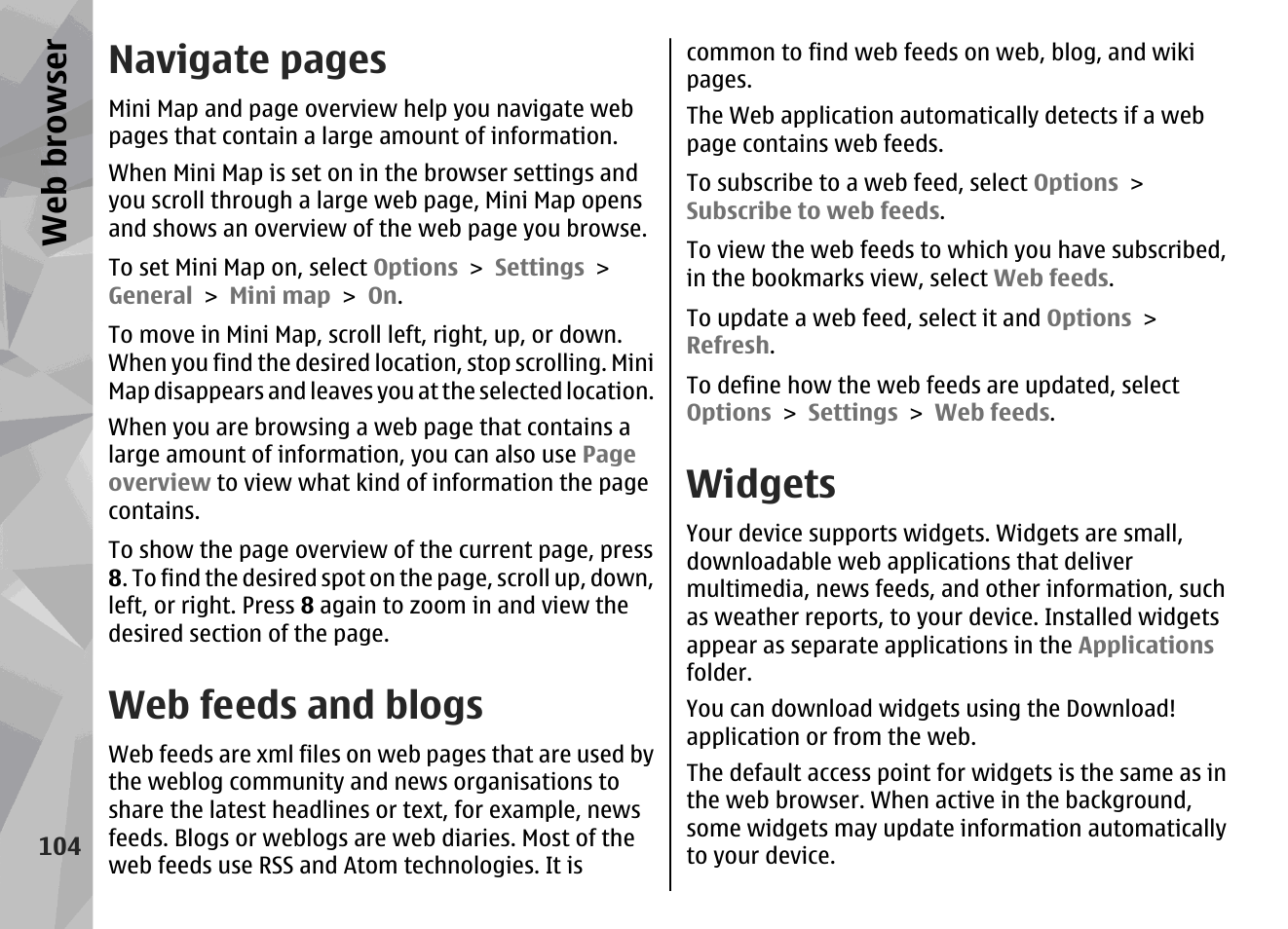 Web feeds and blogs, Widgets, Navigate pages | Web browser | Nokia N96 User Manual | Page 104 / 396