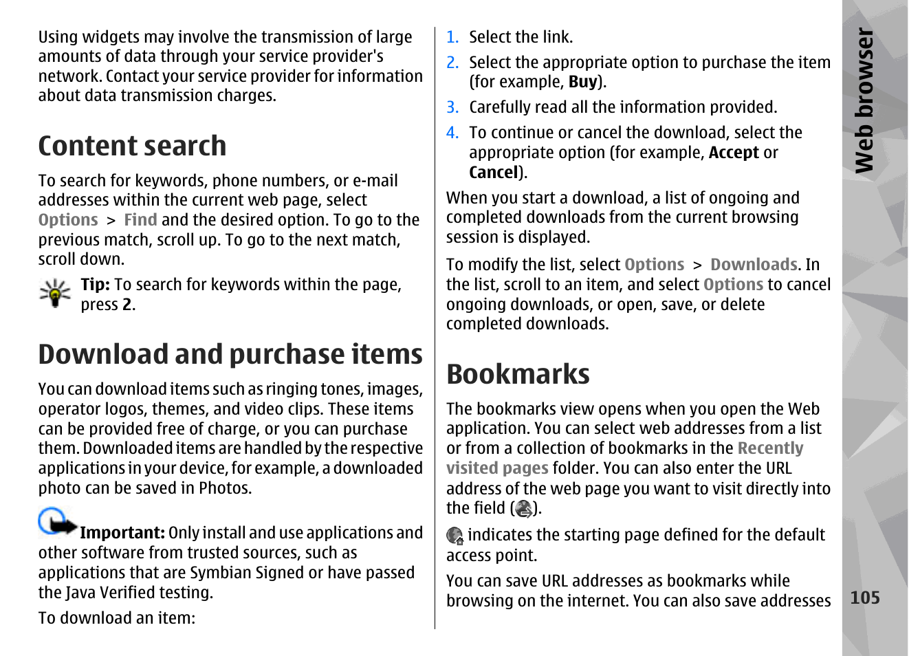 Content search, Download and purchase items, Bookmarks | Web browser | Nokia N96 User Manual | Page 105 / 396