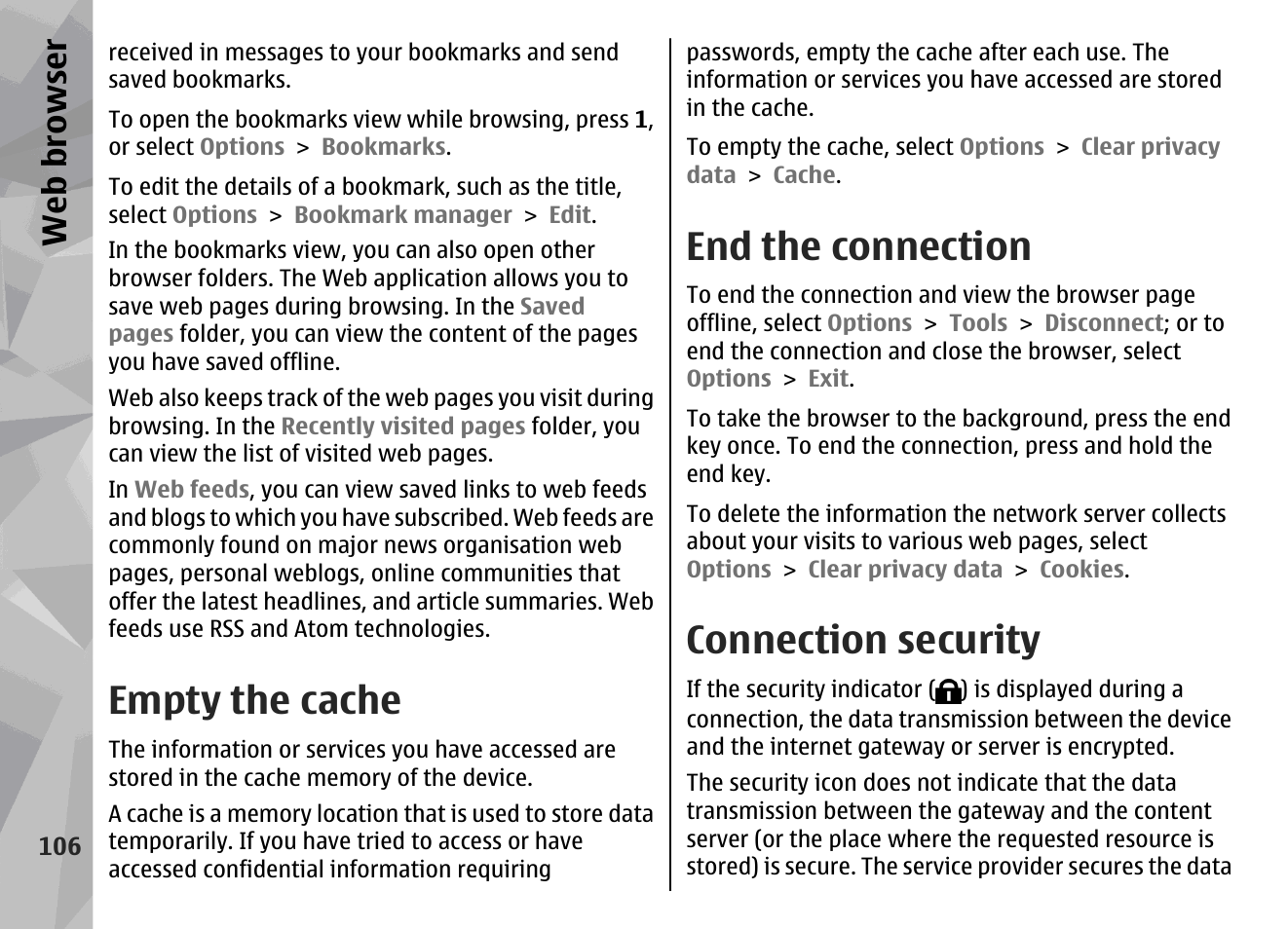 Empty the cache, End the connection, Connection security | Web browser | Nokia N96 User Manual | Page 106 / 396