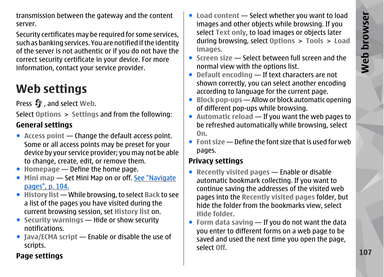 Web settings, Web browser | Nokia N96 User Manual | Page 107 / 396