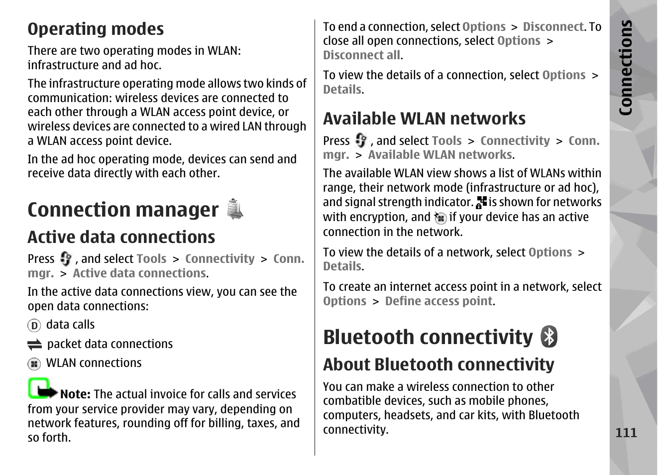 Operating modes, Connection manager, Active data connections | Available wlan networks, Bluetooth connectivity, About bluetooth connectivity, Bluetooth connectivity", p. 111, See "bluetooth, Connectivity", p. 111, Con nectio ns | Nokia N96 User Manual | Page 111 / 396