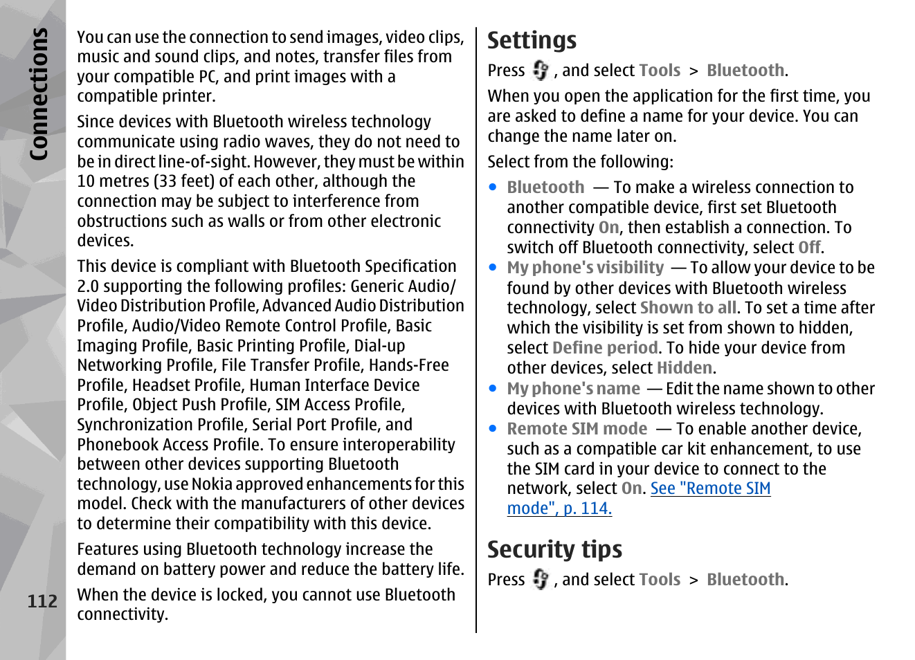 Settings, Security tips, Con nectio ns | Nokia N96 User Manual | Page 112 / 396