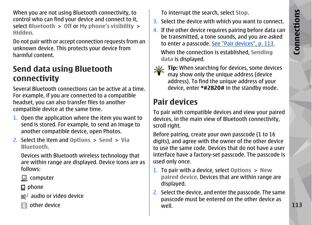 Send data using bluetooth connectivity, Pair devices, See "send data using bluetooth | Connectivity", p. 113, This op, Con nectio ns | Nokia N96 User Manual | Page 113 / 396